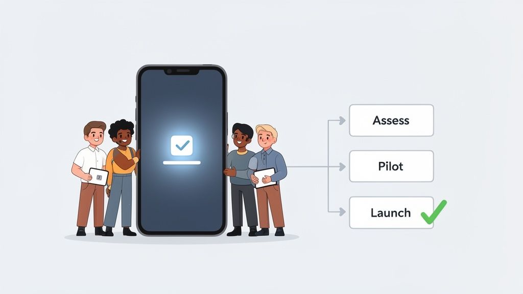 Diverse team collaborating on a mobile project, following an Assess, Pilot, Launch workflow with success.