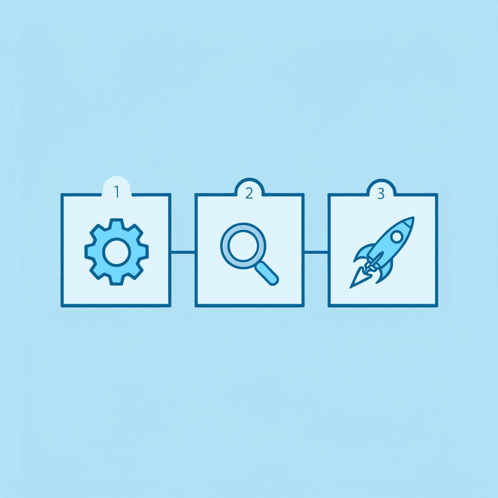 Three-step workflow showing AI knowledge base setup process completed in 30 minutes