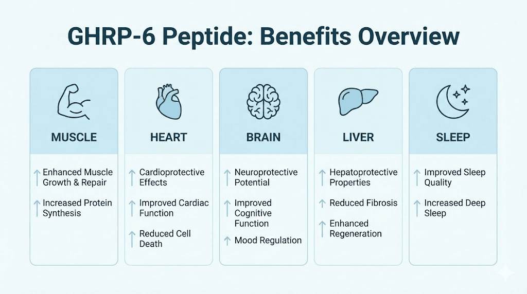 GHRP-6 peptide benefits chart showing growth hormone, muscle, cardioprotection, and sleep effects