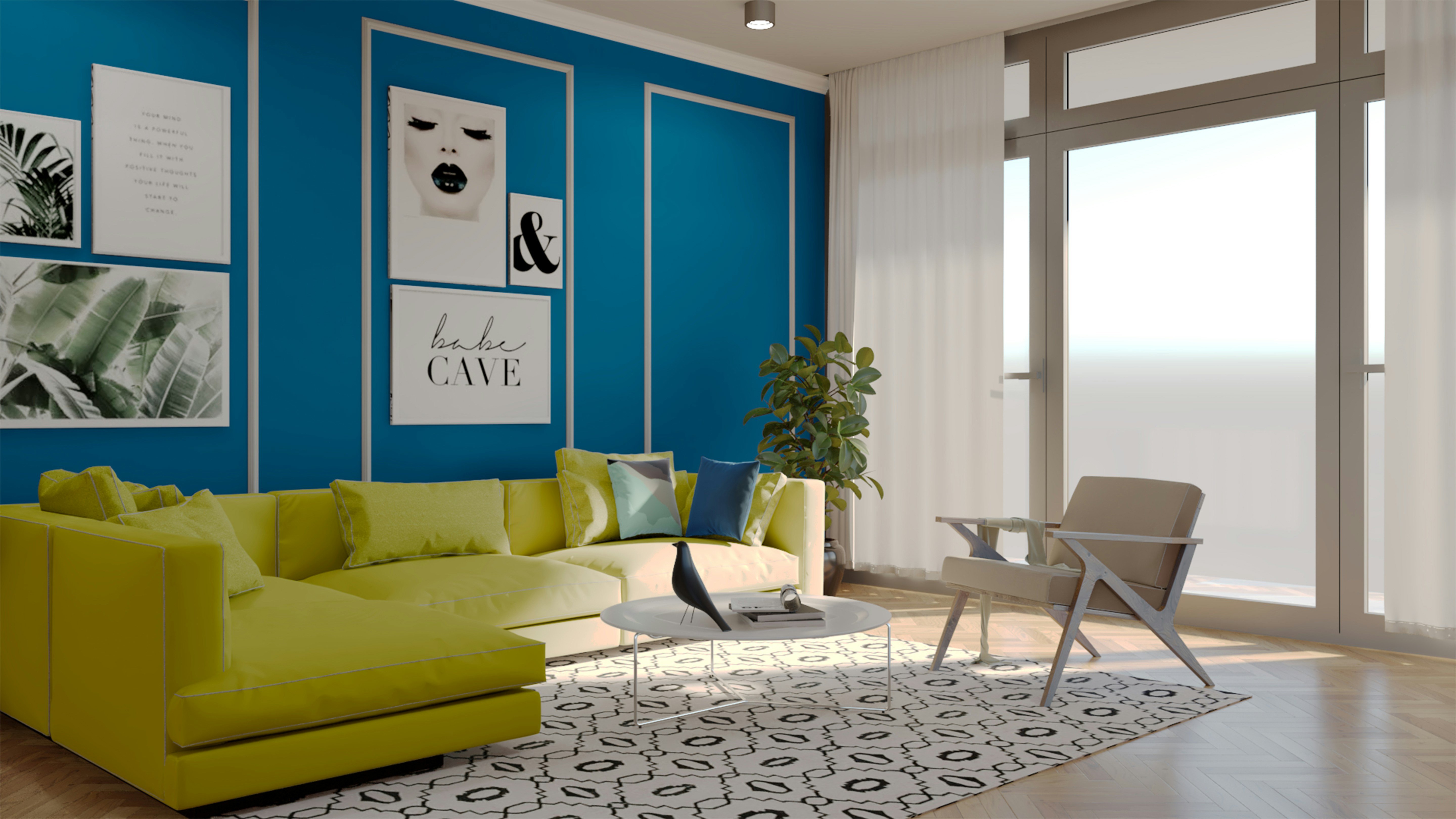 Modern living room render with a bright yellow sofa, blue accent wall, large windows, plants, and patterned rug.