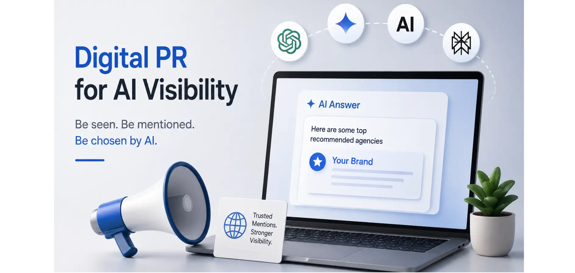 Image displaying an AI search result with brand recommendations alongside digital PR and online visibility elements.