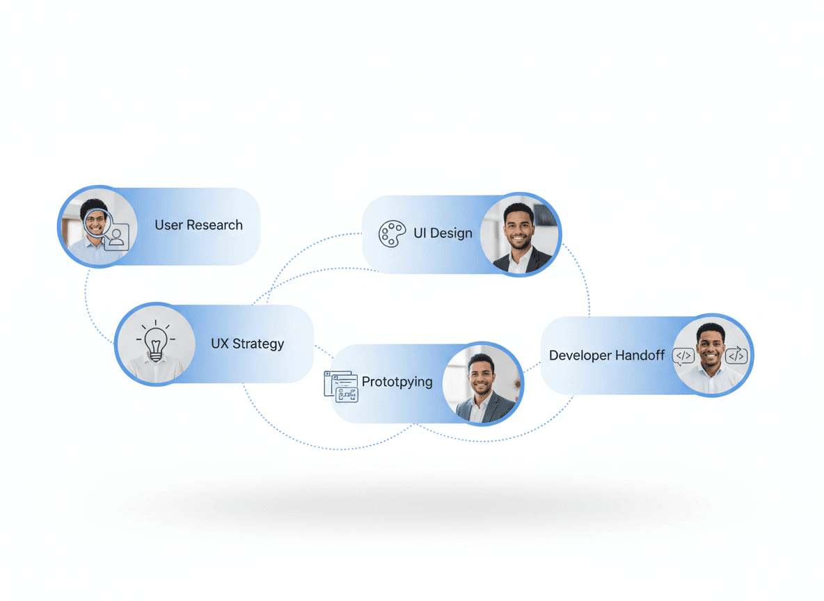 Five-step SaaS product design process from user research to developer handoff for building high-converting B2B software interfaces