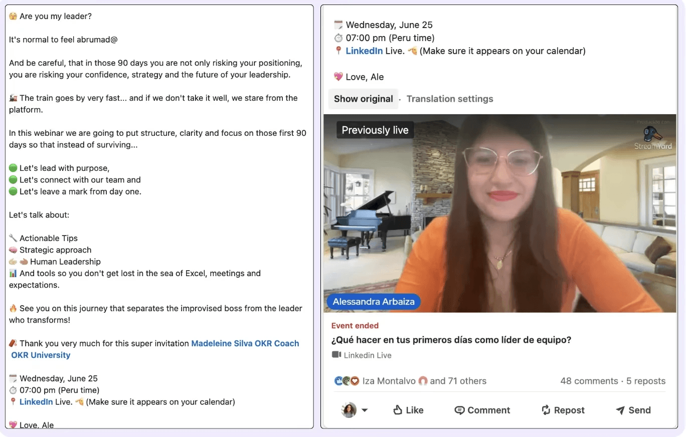 A screenshot of a LinkedIn post covering thought leadership with a live webinar on the side