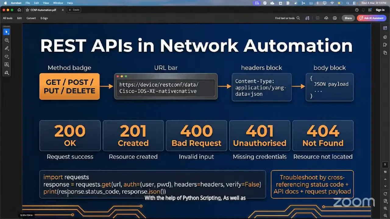 High-clarity slide: REST APIs in Network Automation with method badge, URL bar, headers block, body block, HTTP status codes and a Python requests snippet.