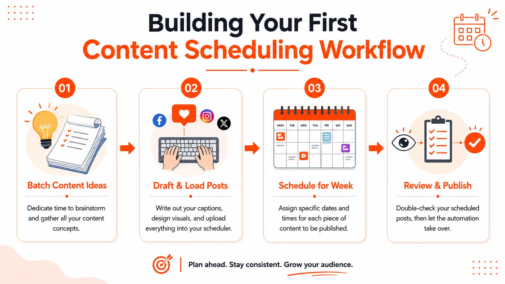 An infographic showing a four-step workflow for building a content schedule for social media management.