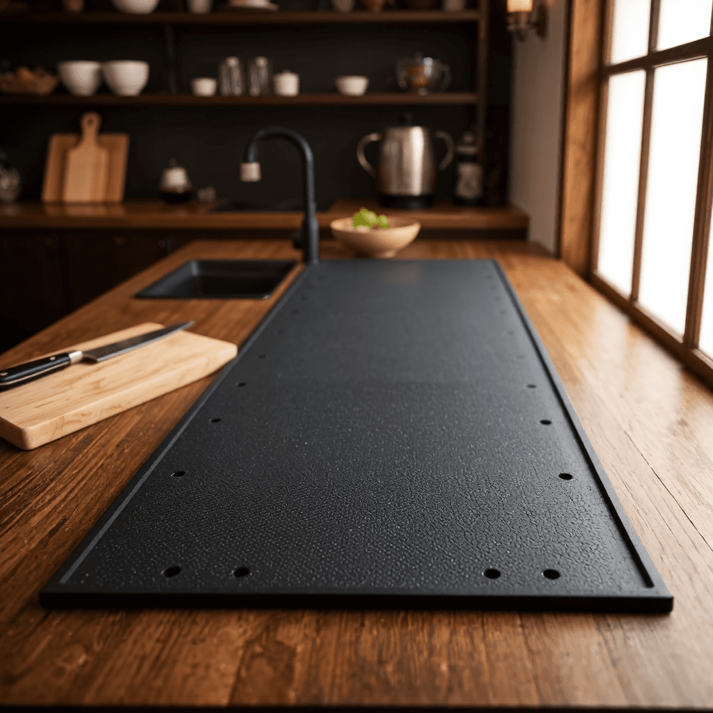 product photography of a long black rubber bar mat used for bartending