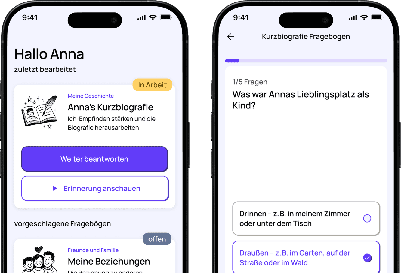 ein Screenshot aus der App, der zwei Screens des Frageogens zeigt