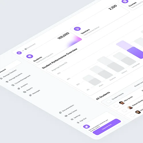 SaaS school management dashboard UI design – student performance tracking and admin system built with Webflow.