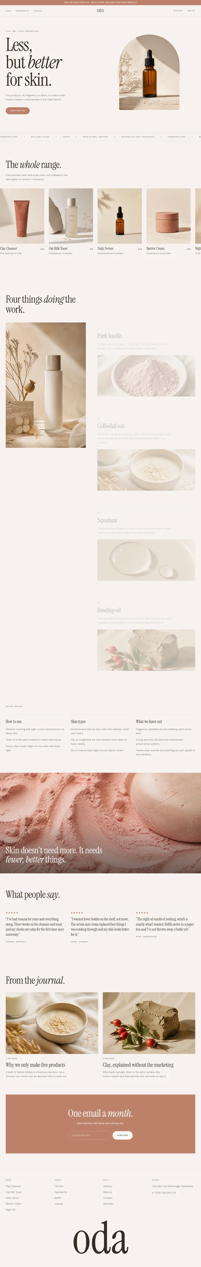 Full page of an AI-generated skincare brand website with serif hero, values marquee, five products, ingredients, reviews and newsletter