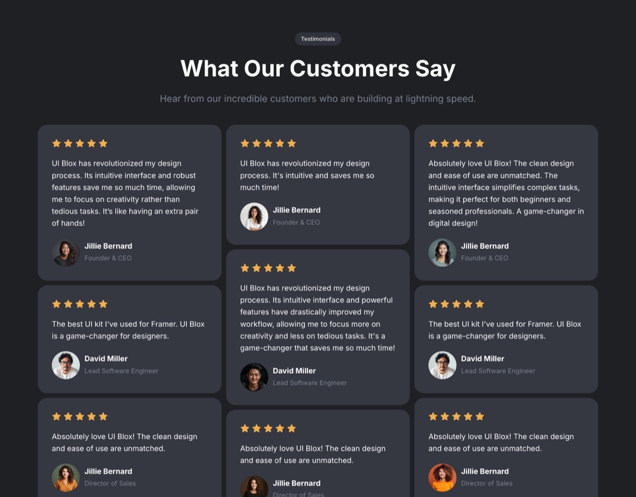 Framer Dark Testimonials Section - Frameblox UI