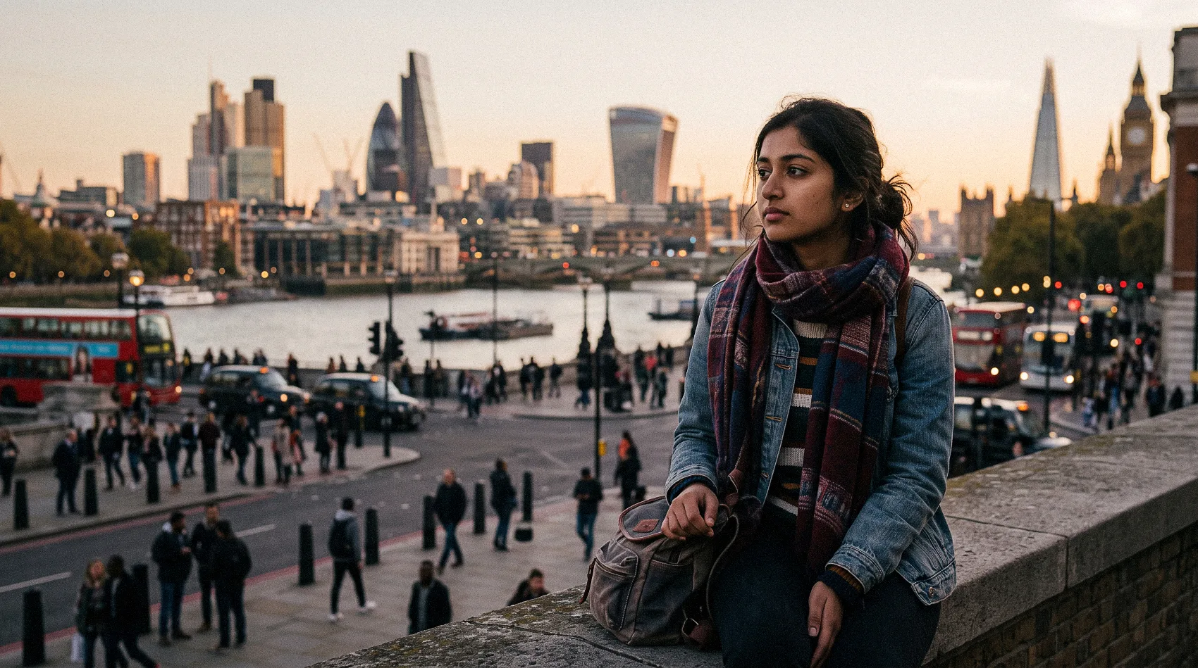 oung international student sitting overlooking Thames and London skyline with Shard and City at sunset