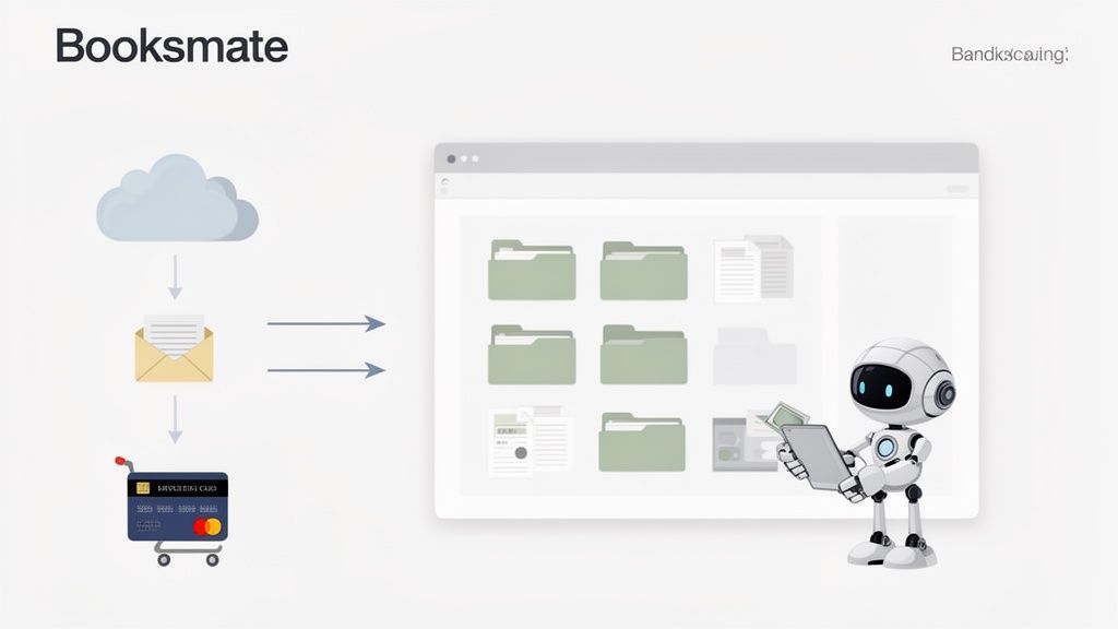 Booksmate diagram illustrating cloud data, email processing, and financial transactions managed by an AI robot.