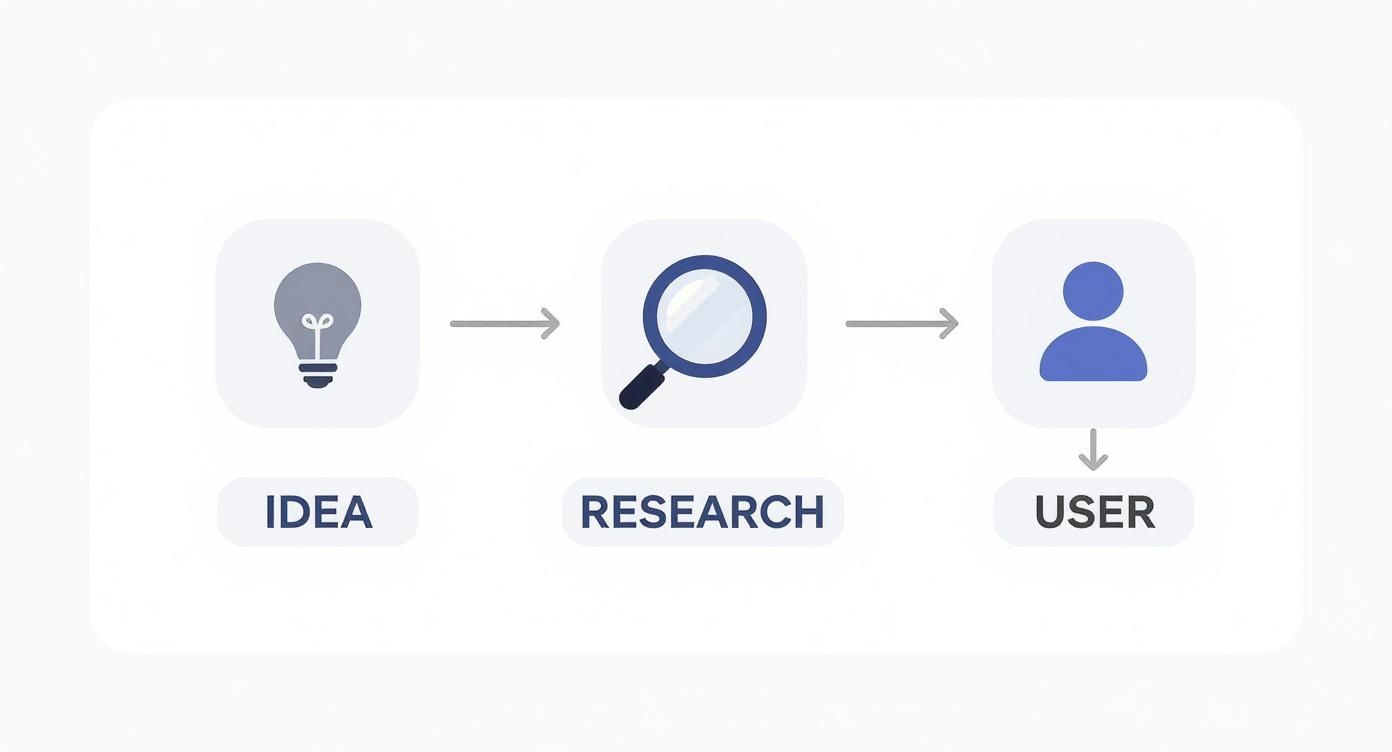 A diagram illustrating a three-step process: Idea (lightbulb), Research (magnifying glass), and User (person icon), connected by arrows.