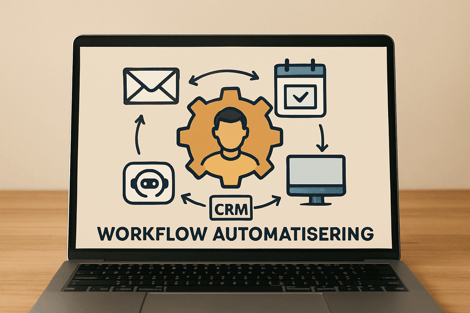 Illustratie van een laptop scherm met een tekening over automatisering van crm, mail, ai, agenda, beeldscherm