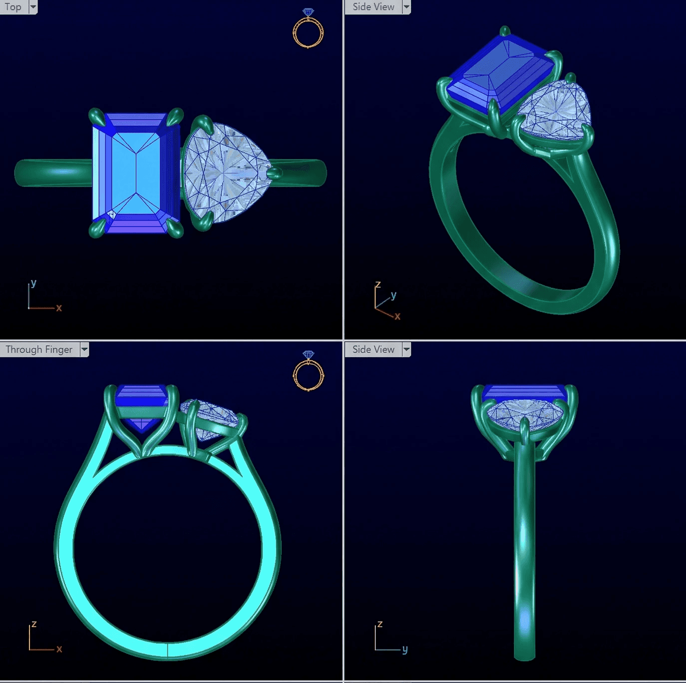 3D CAD Example of Emerald/Trillion Toi-et-Moi Ring by Lab Grown Dreams.