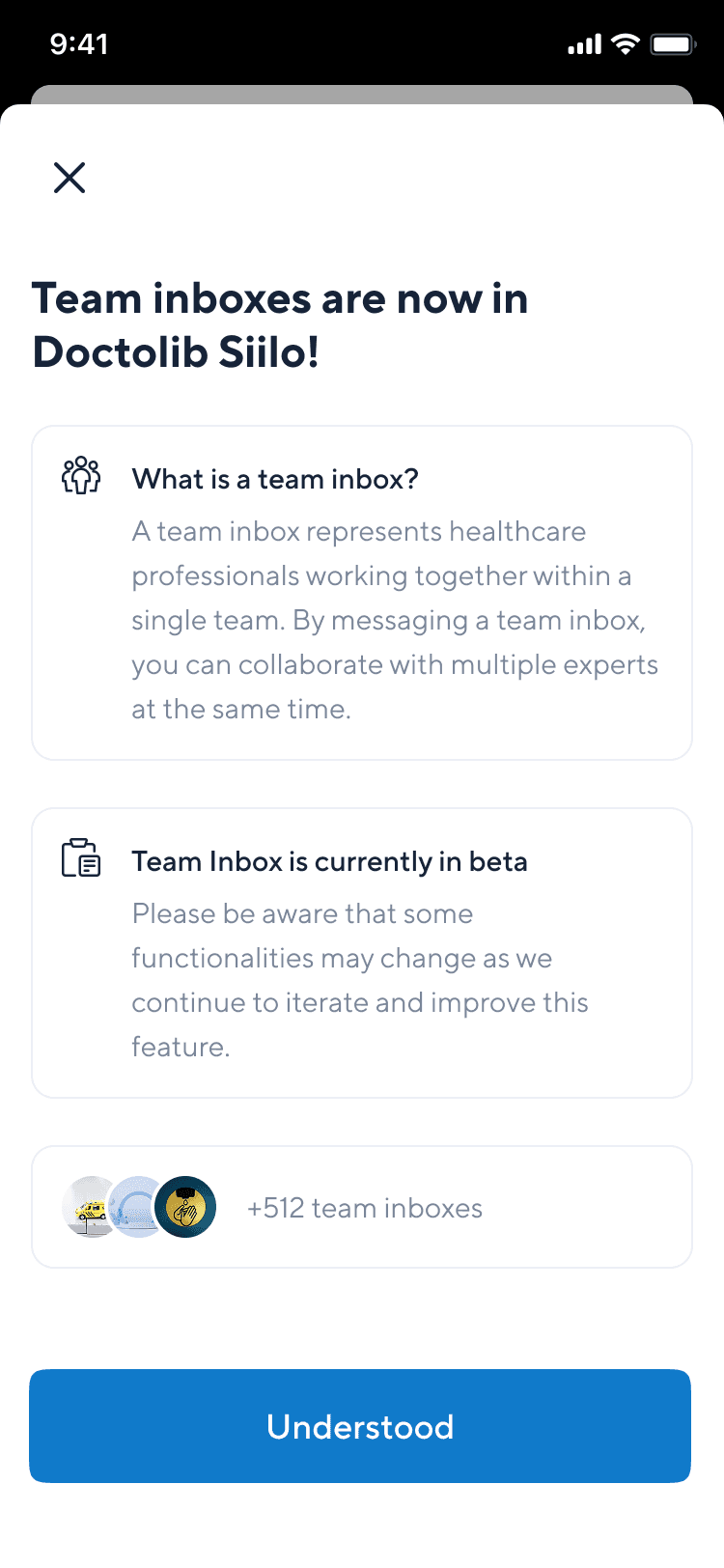 Doctolib Connect Team inbox announcement 