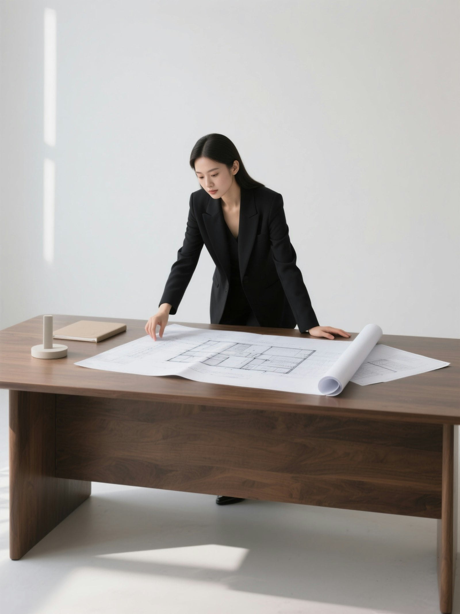 A Pietra architect leaning over a rolled drawing on a walnut table in the Lisbon studio.