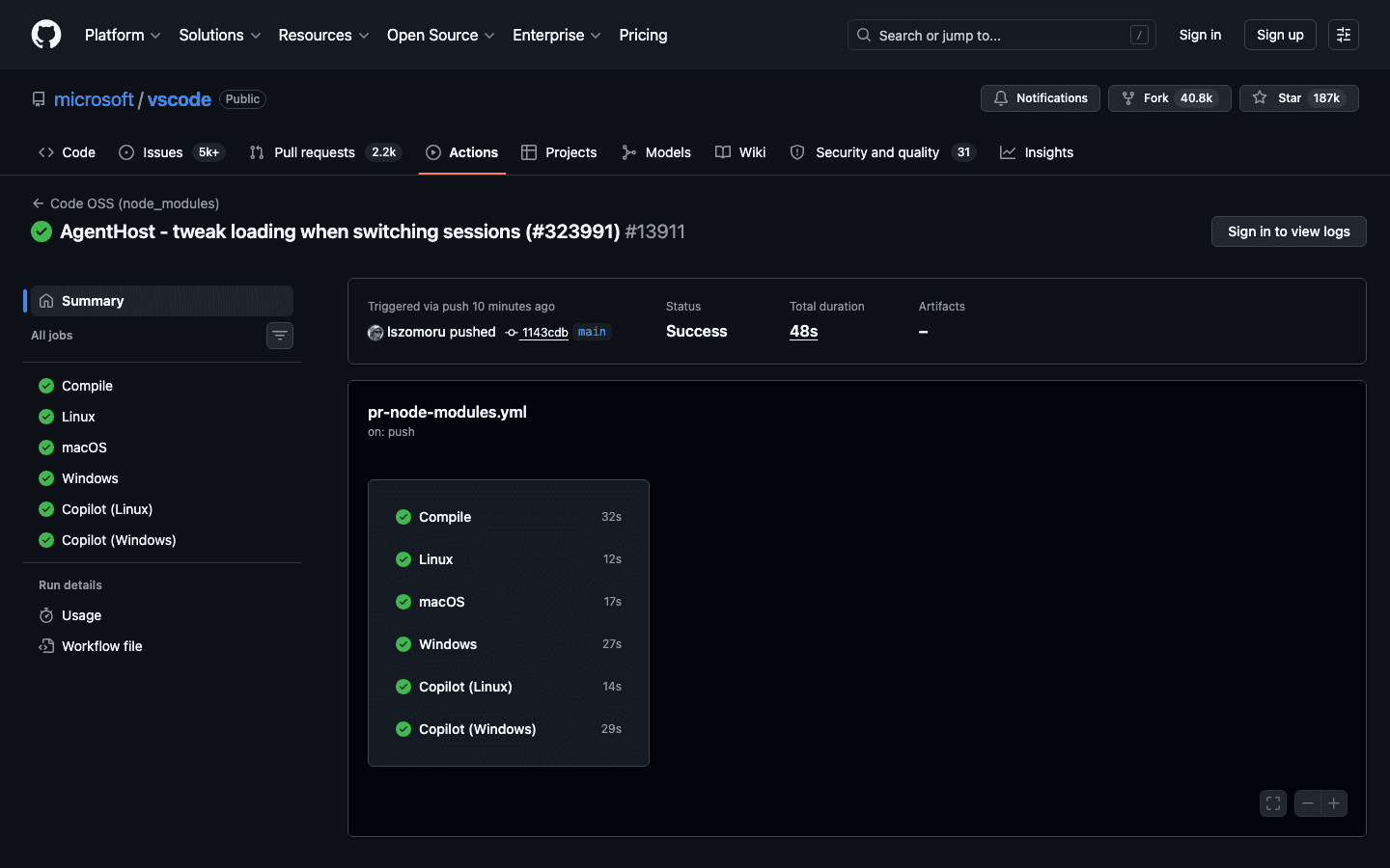 Successful GitHub Actions CI pipeline run with six green jobs on the microsoft/vscode repository