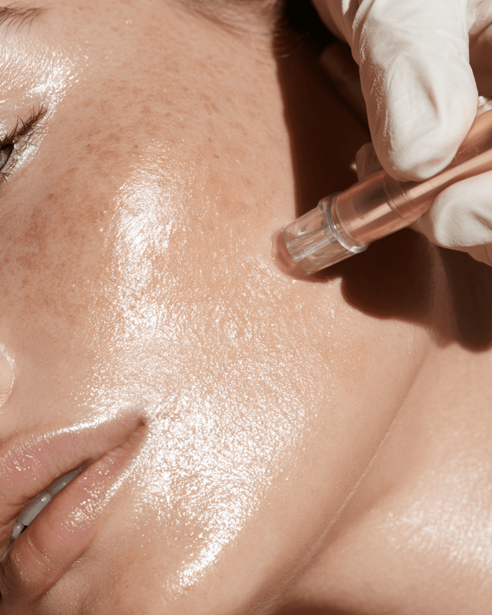 A gloved practitioner guiding a microneedling pen across a client’s cheek