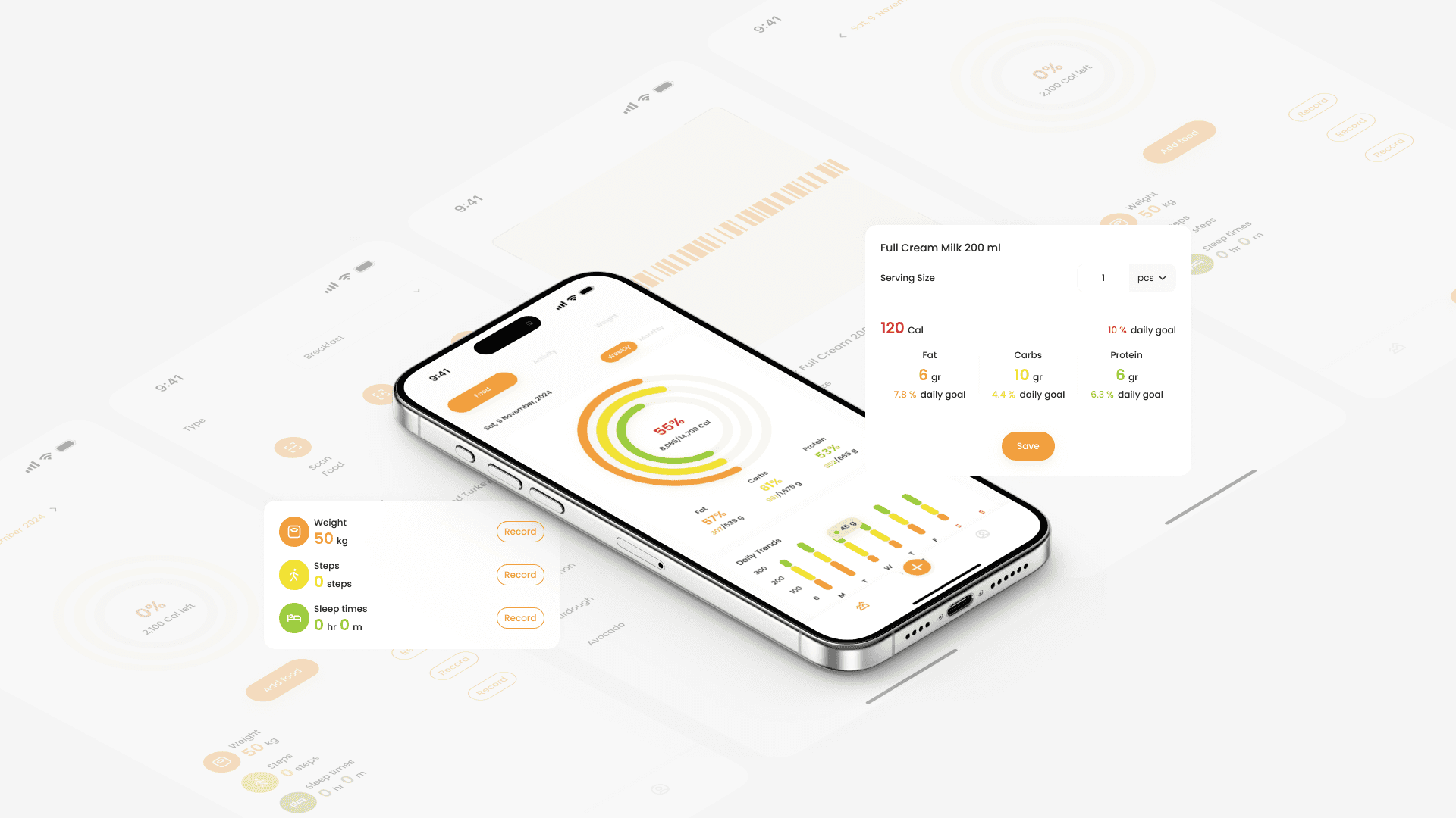 A smartphone displays a health app interface showing nutritional data, activity levels, and goals. It features vibrant charts with an organized, modern design.
