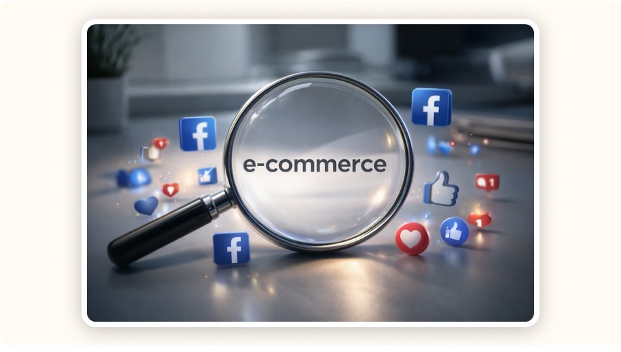 Magnifying glass highlighting the word “e-commerce”