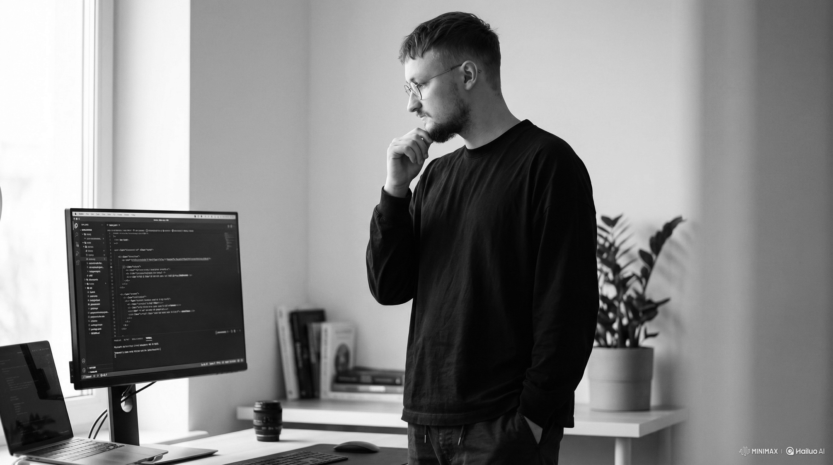 Close-up portrait of a person wearing a gray insulated hooded jacket with the hood up, showing their face framed by the hood against a light background.