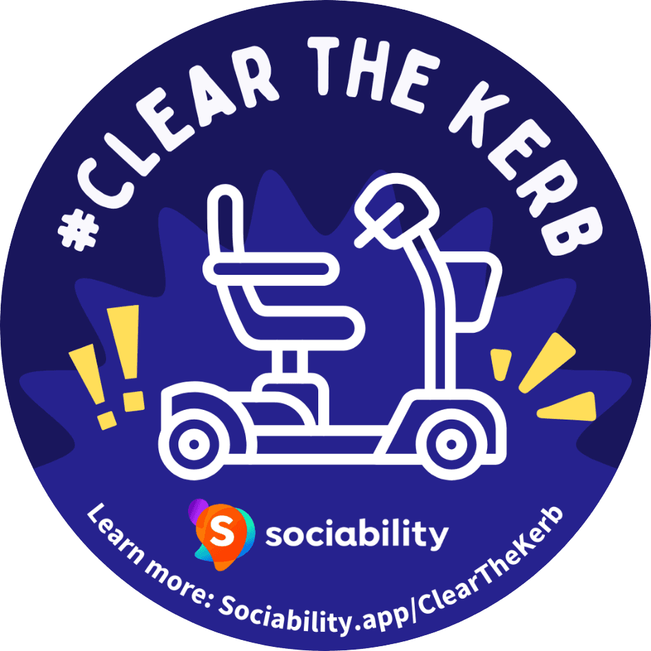 Circular sticker design with a highlighted mobility scooter. Sociability logo. Text reading #Clear the Kerb. Learn more: Sociability.app/clearthekerb