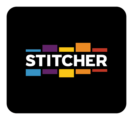 A black background prominently displays the Stitcher logo, featuring bold white lettering against colorful, overlapping rectangles in purple, blue, red, orange, and yellow.