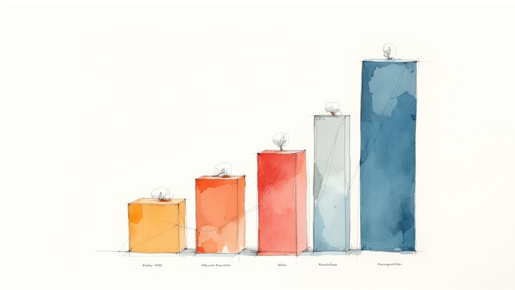 Ilustración de gráfico de barras ascendente en acuarela mostrando crecimiento empresarial con figuras en cada columna