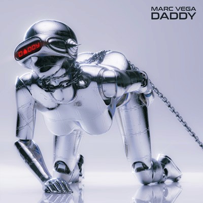 3d render of a female robot bending down with the typography "Daddy" in her glasses