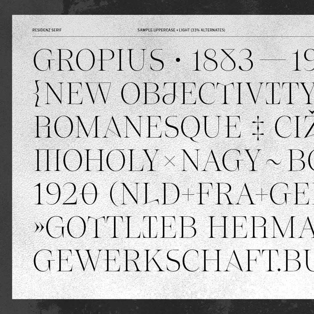 detail of a printed specimen page showing uppercase sample words of Residenz Serif Large with some alternate letters