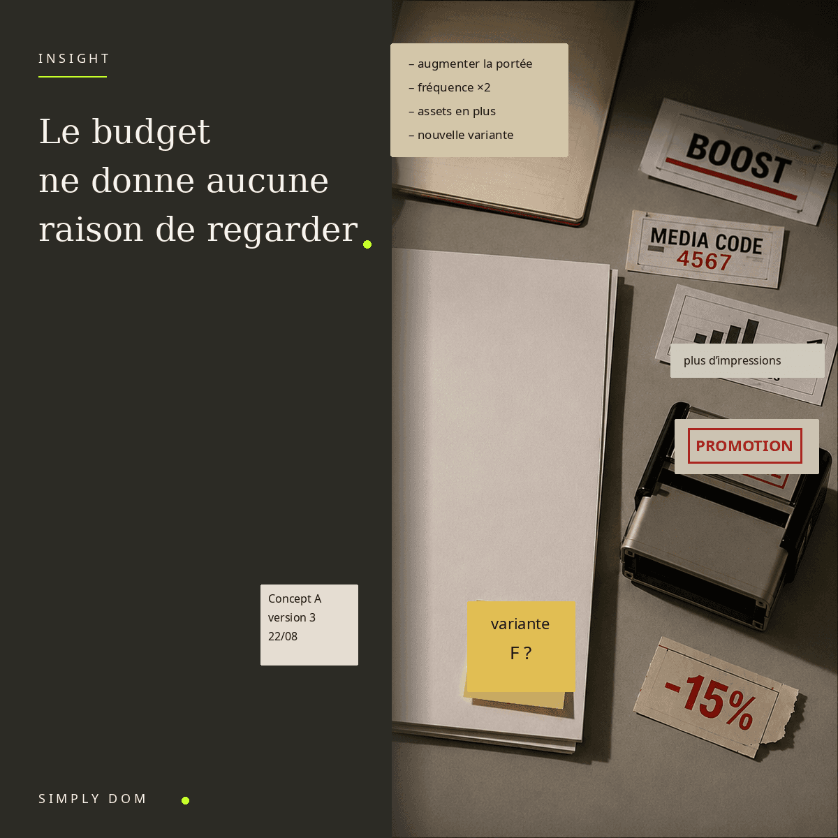 Nature morte éditoriale : une pile de papier comme travail de contenu central, entourée d’étiquettes de compensation — boost, plus d’impressions, promotion, moins quinze pour cent. Titre : Le budget ne donne aucune raison de regarder.