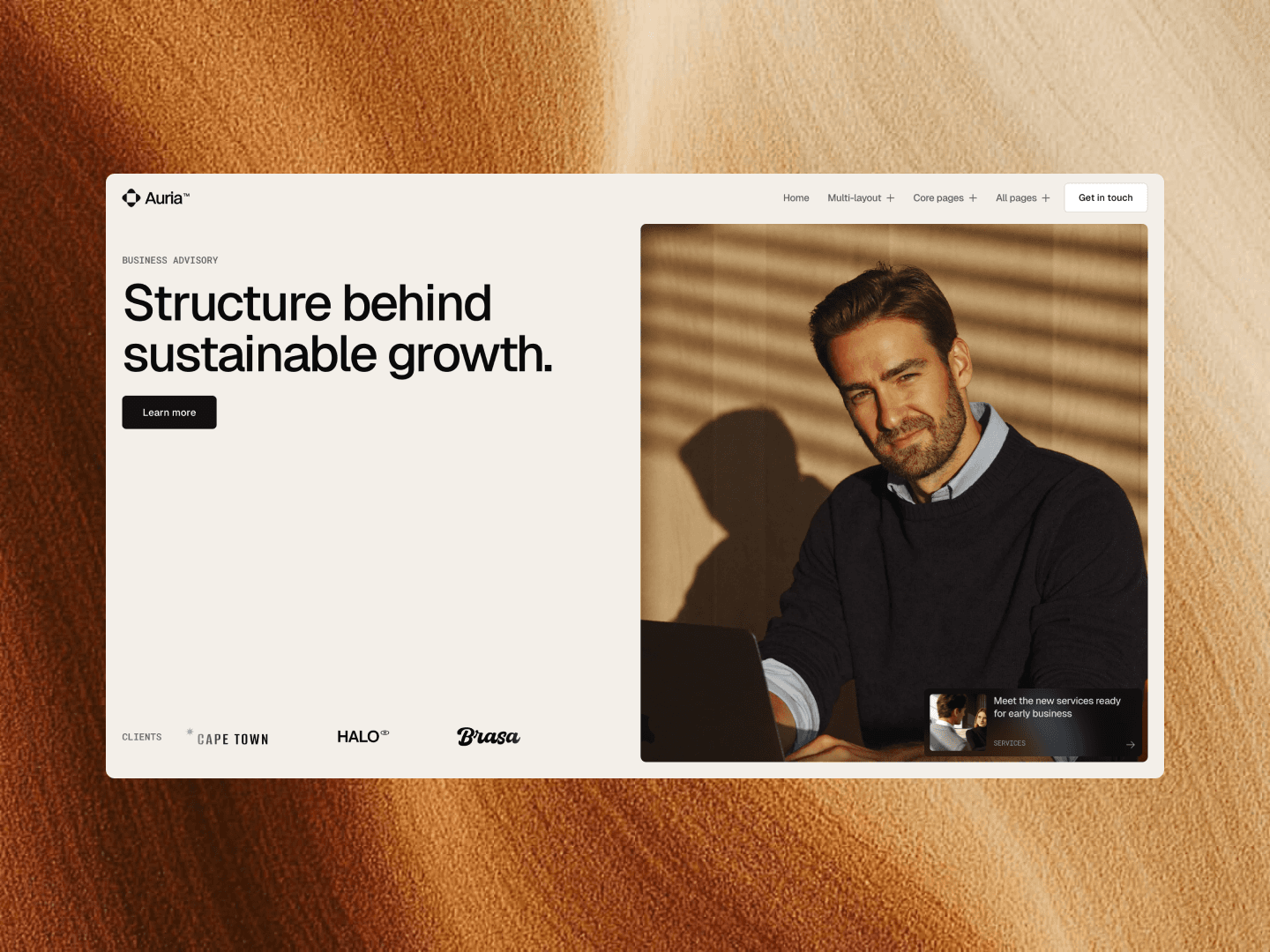Screenshot of Header section from Auria consulting webflow template