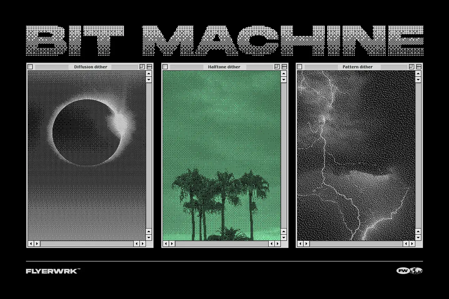 Comparison of diffusion halftone and pattern dither styles applied to eclipse palm trees and lightning images