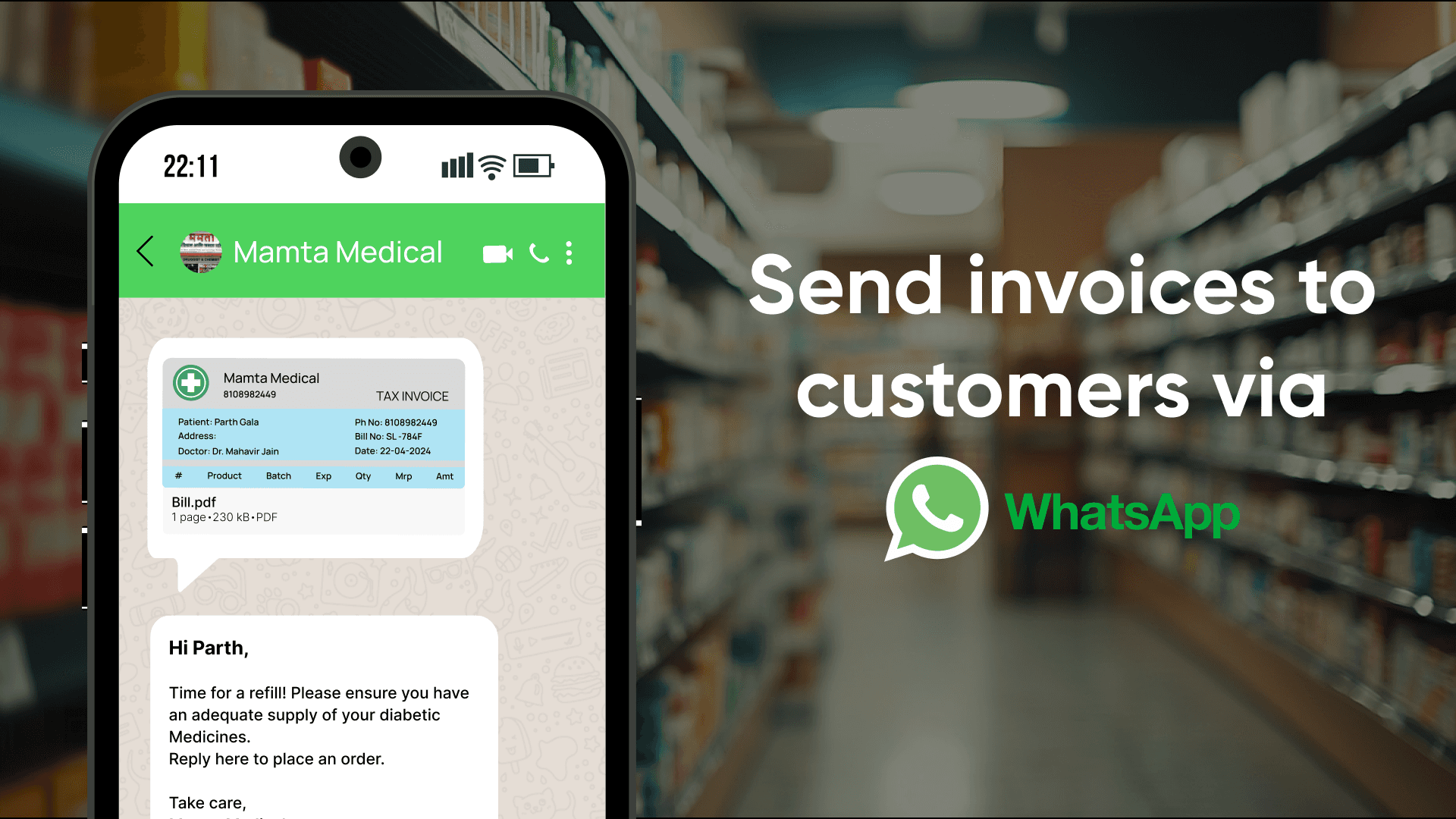 Pharmacy Pro feature for sending digital invoices through WhatsApp, improving customer communication and order management.