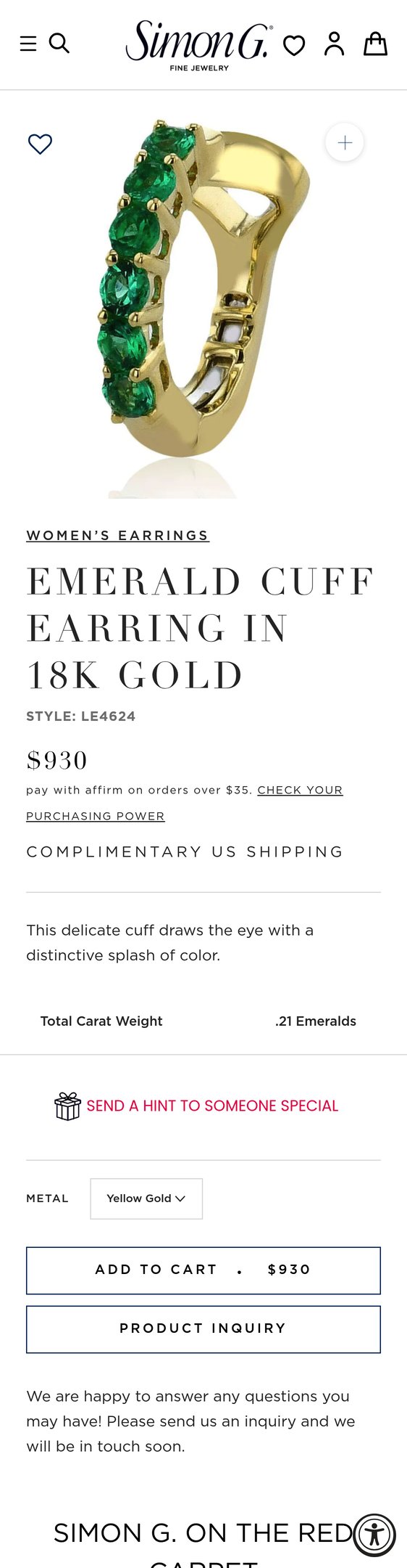 Jewelry product options include: bracelet, earring for Emerald Cuff Earring in 18k Gold from Simon G. Jewelry.