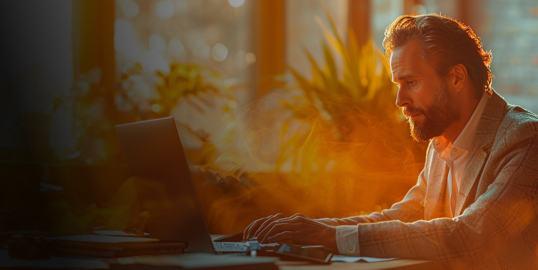 Homme en costard travaillant sur un ordinateur