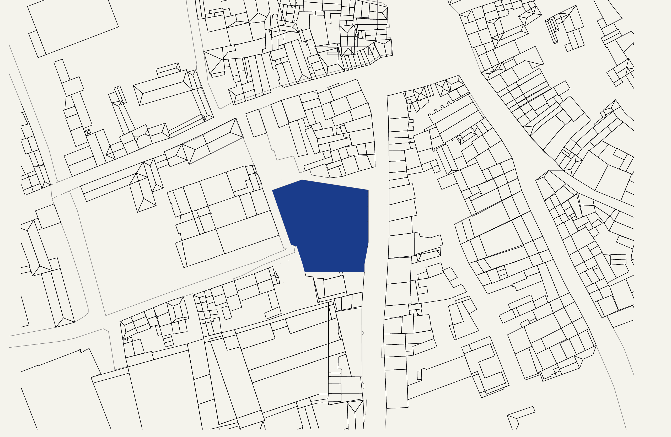 Isometrische Zeichnung eines Bauprojekts mit mehreren Gebäuden und markierten Strukturen in Rot