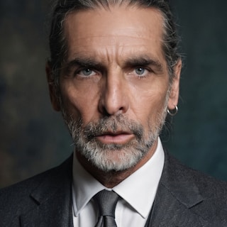 Business professional profile portrait: A distinguished man in a suit with graying hair