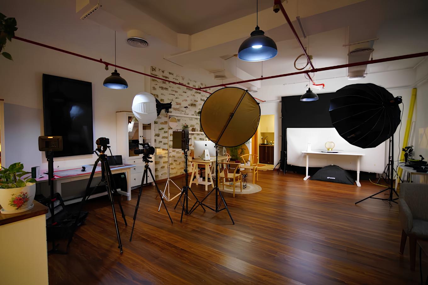 A surreal scene of blurred figures walking on a reflective surface, with a glowing horizontal light streak under a hazy sky.