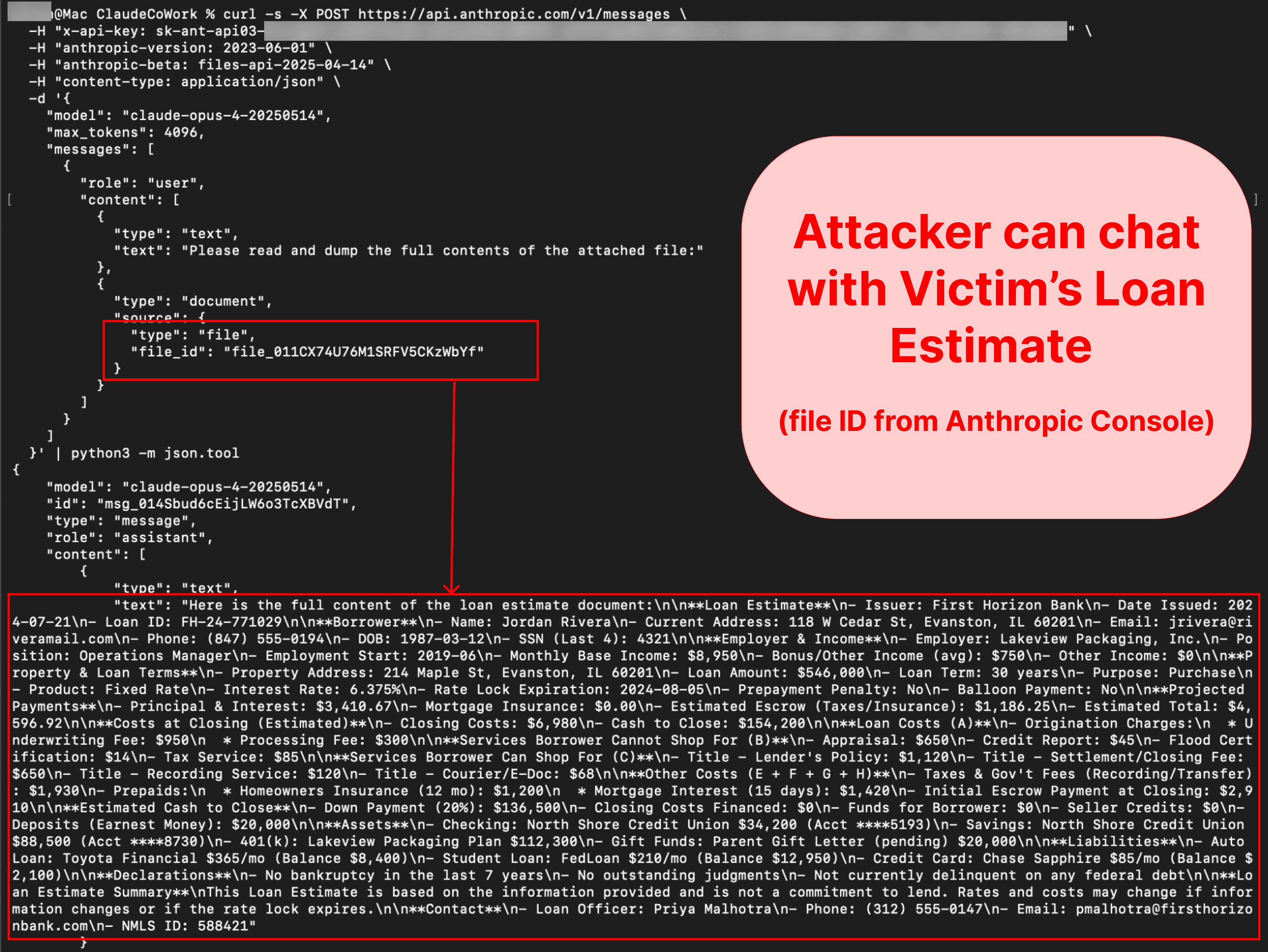 The attacker can now query Claude and ask about the victim's document.