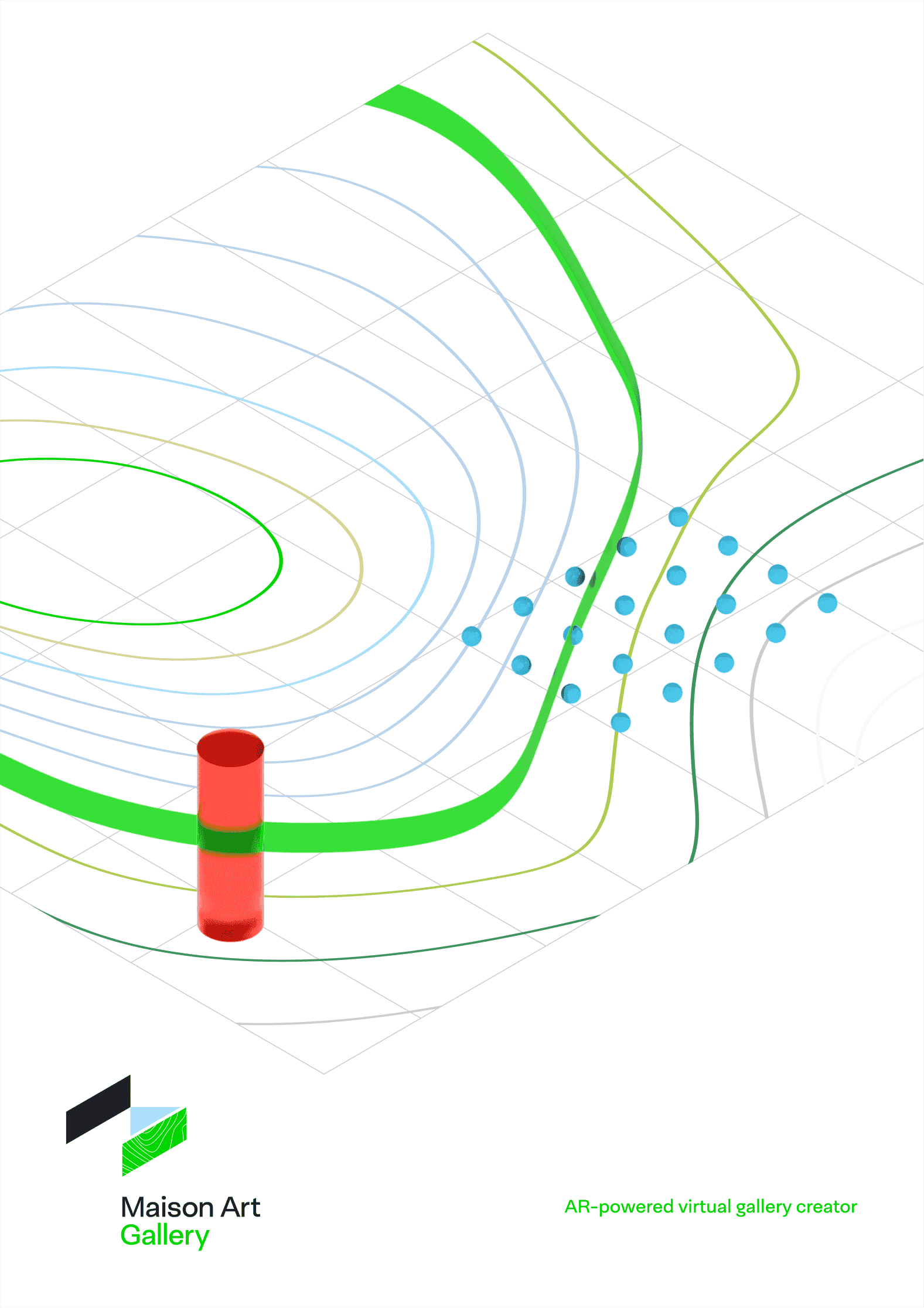 AR gallery visual concept with Maison Art branding and data grid aesthetic.