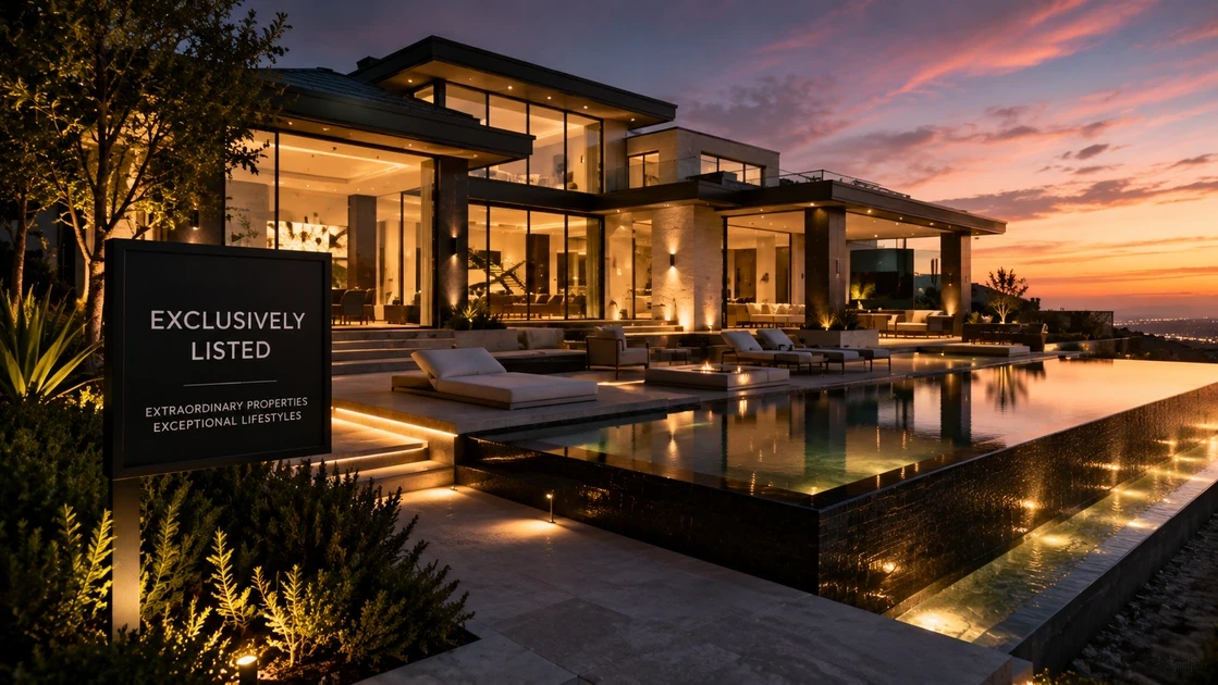 A sophisticated real estate professional reviewing a luxury listing marketing strategy on a digital tablet inside an architectural home.