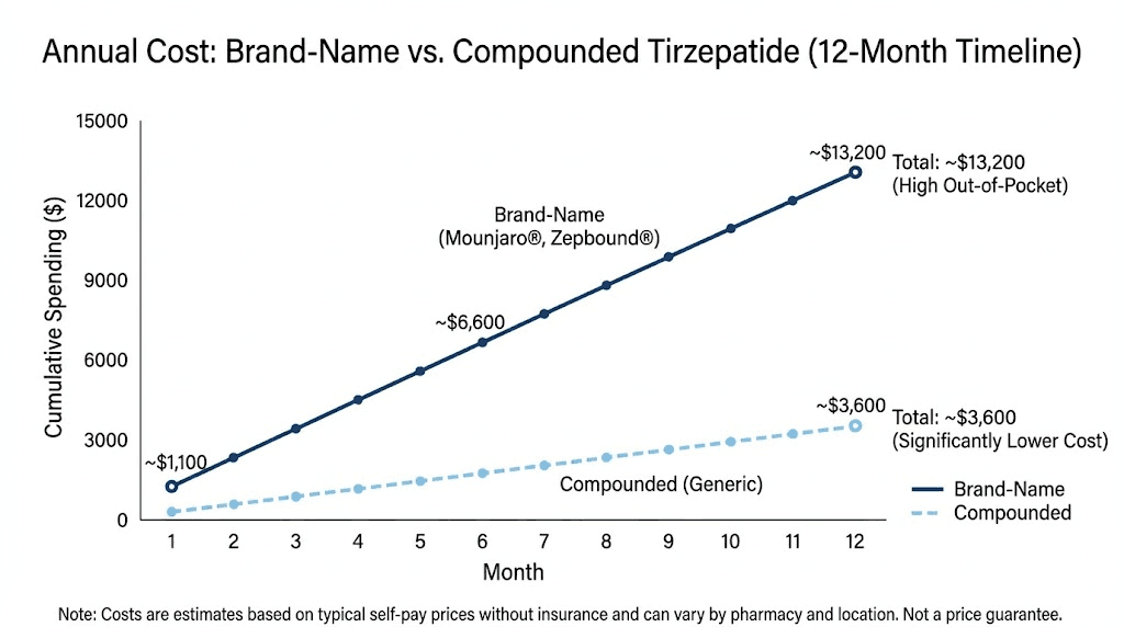 Annual cost comparison compounded tirzepatide versus brand name over 12 months