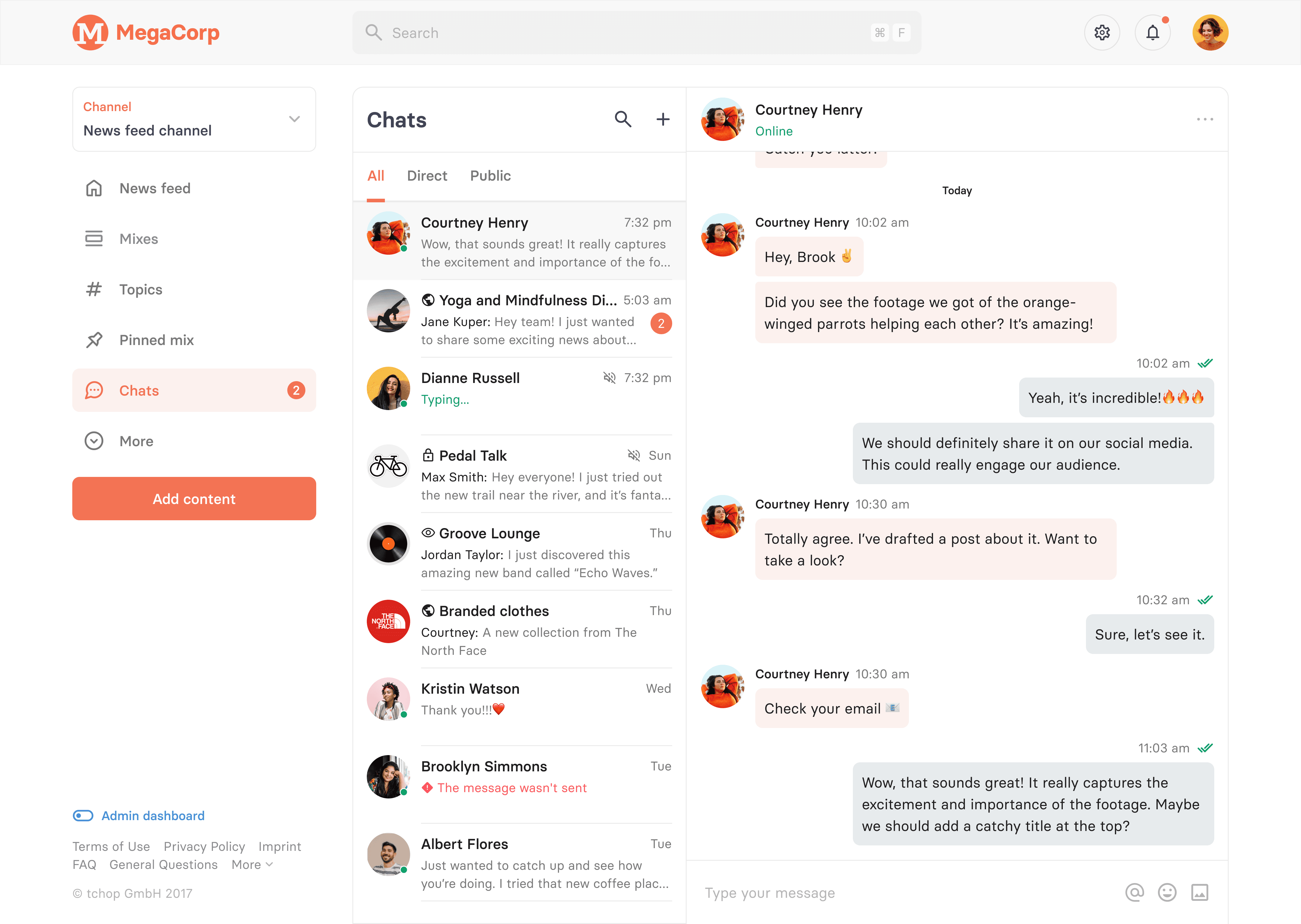 Die Chat-Oberfläche der tchop™ Web-App zeigt direkte Chats und Gruppenchats, einschließlich Unterhaltungen über die gemeinsame Nutzung von Inhalten, Team-Updates und Zusammenarbeit in Echtzeit.