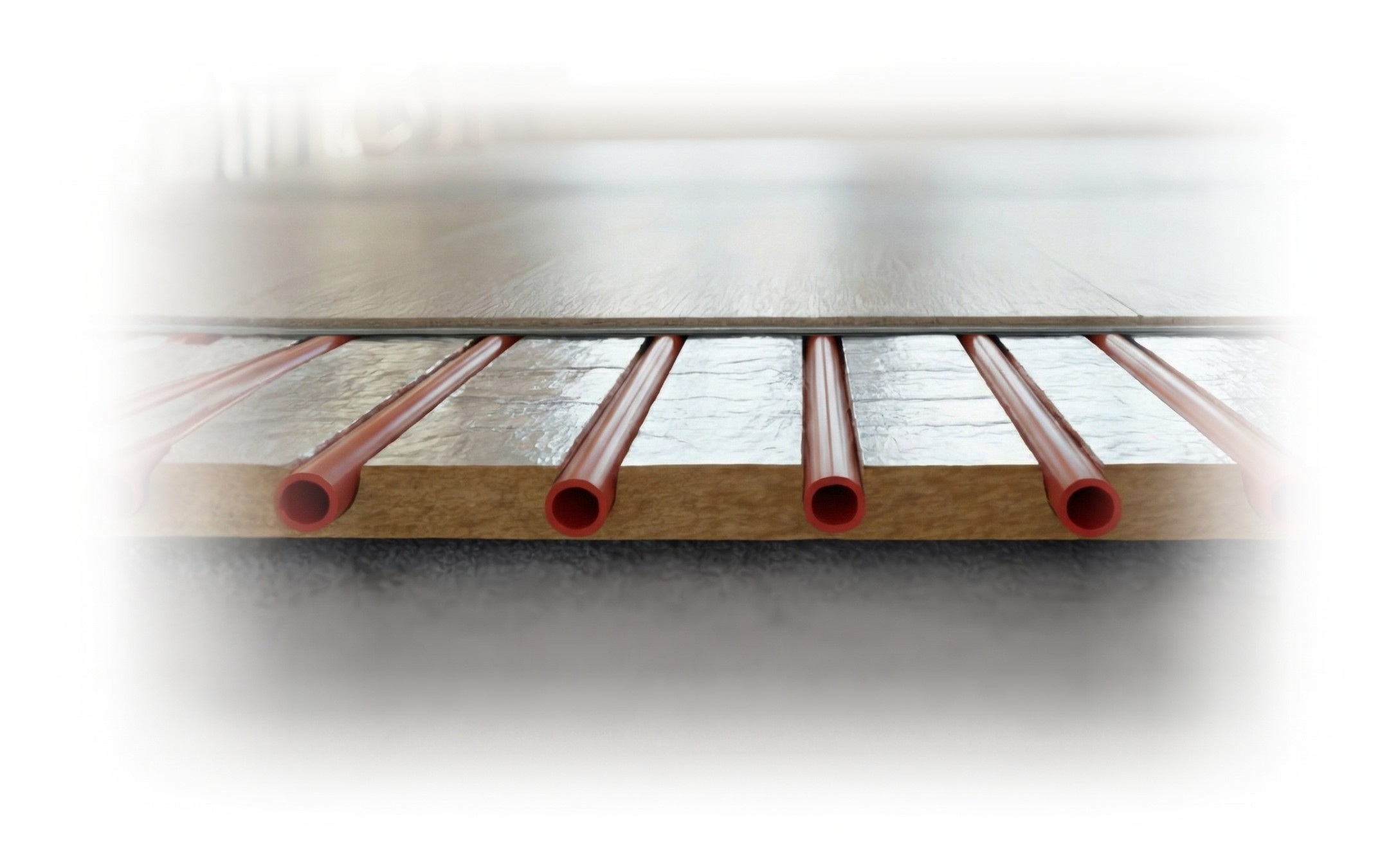 Header Bild für mobile Version mit einem Baby und einer Auflistung verschiedener Merkmale unserer Fußbodenheizung.