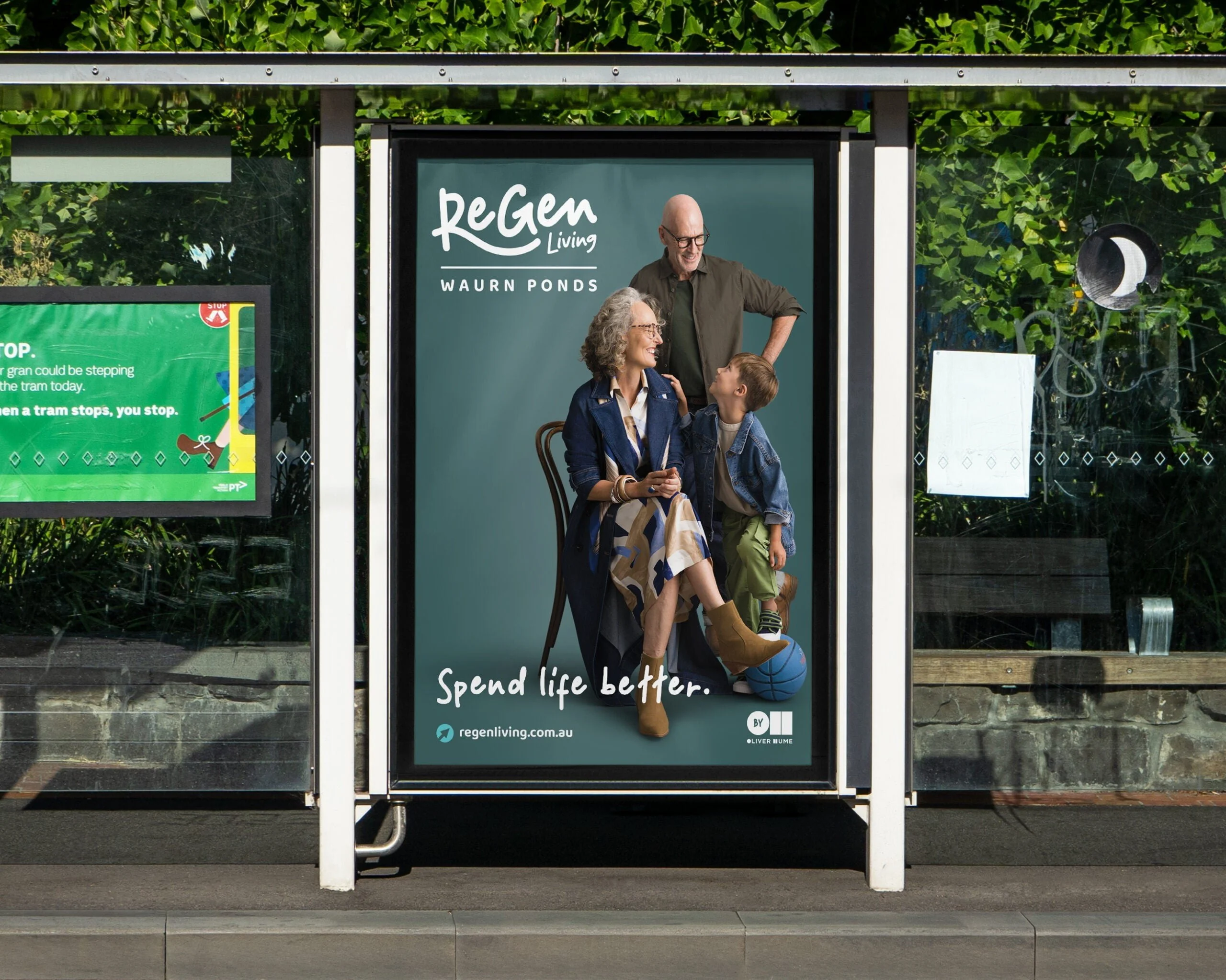 Bus shelter poster for ReGen Living Waurn Ponds by Oliver Hume: grandparents and grandson, 'Spend life better.'