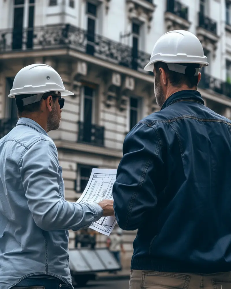 Deux professionnels en casque de chantier examinant des plans devant un immeuble haussmannien en construction à Paris.