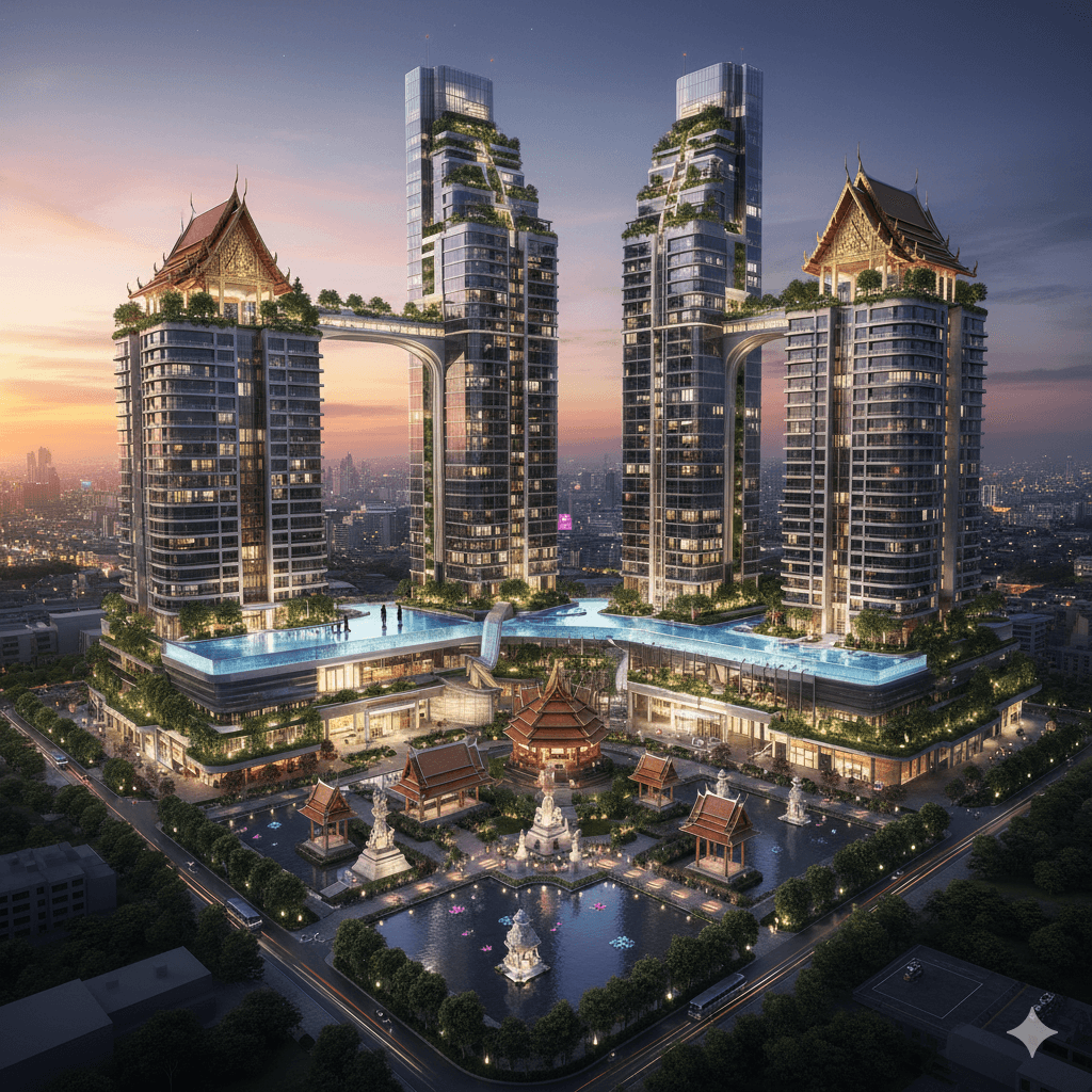 Contemporary glass architecture fusion with tropical Thai landscape elements