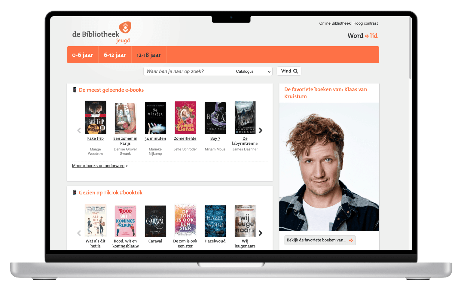 Een laptop met daarop de pagina voor de jeugd van 12-18 jaar van de Bibliotheek.